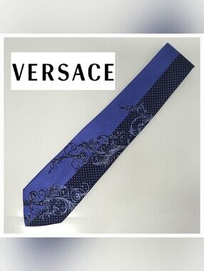 Versace Royal Blue 100% Silk Vintage Necktie Contrast Scroll Print